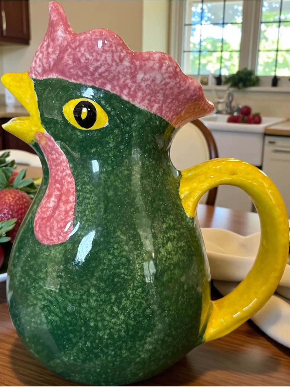 Green, Pink and Yellow Ceramic Rooster Pitcher - Made in Italy